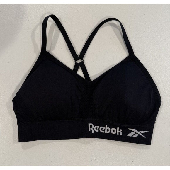 Reebok Sports Bra Womens Medium Black Stretch Strappy Racerback Athletic - Picture 1 of 5